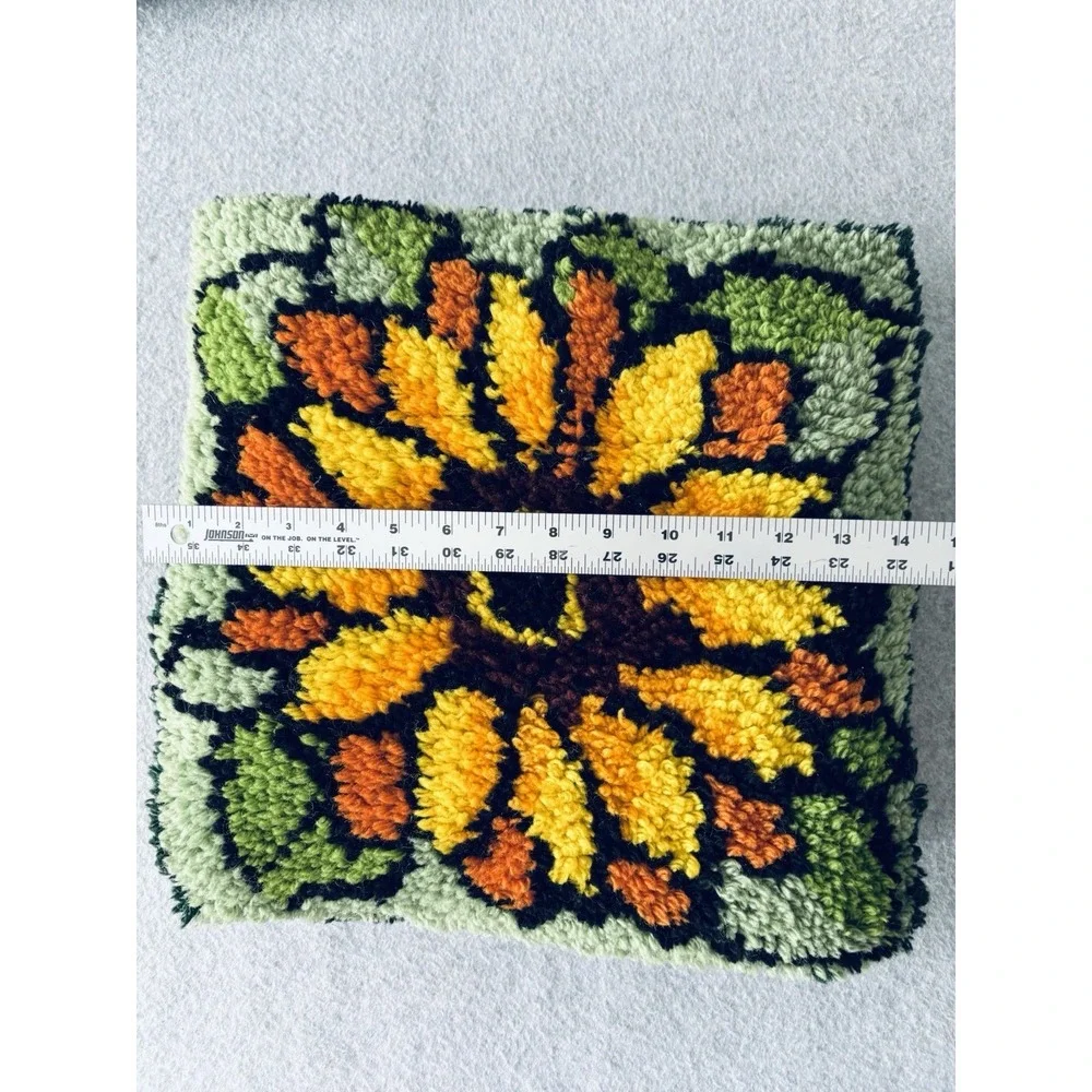Vintage Sunflower Latch Hook 70s Handmade Pillow Unique‎ Orange Yellow Green